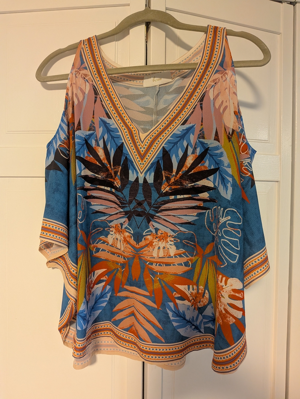 Cold-Shoulder Tropical V-Neck Tunic in Blue Multi